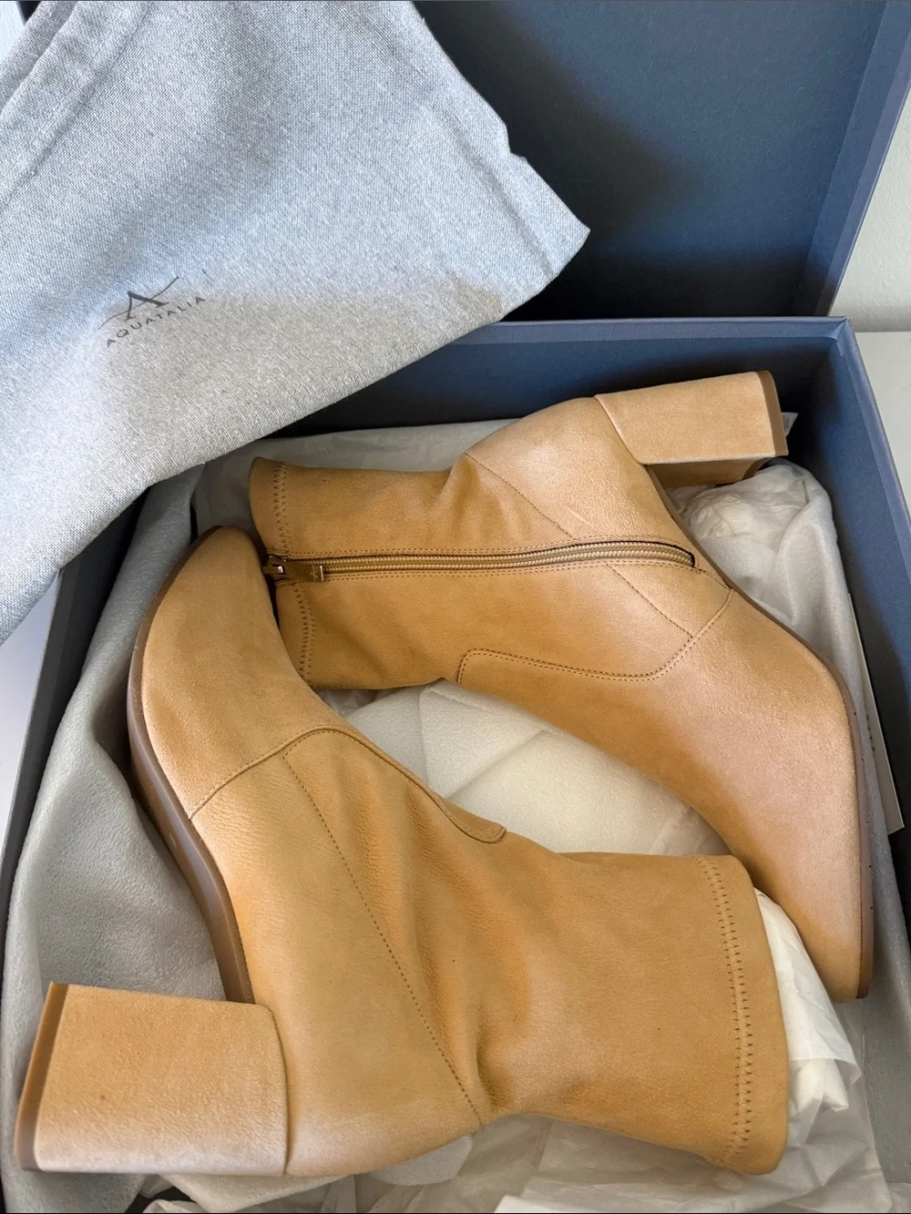 Aquatalia Tan Suede Ankle Boots with Side Zippers